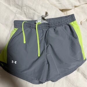 Under Armour Men’s Gray Athletic Shorts with Neon Yellow-Green Trim